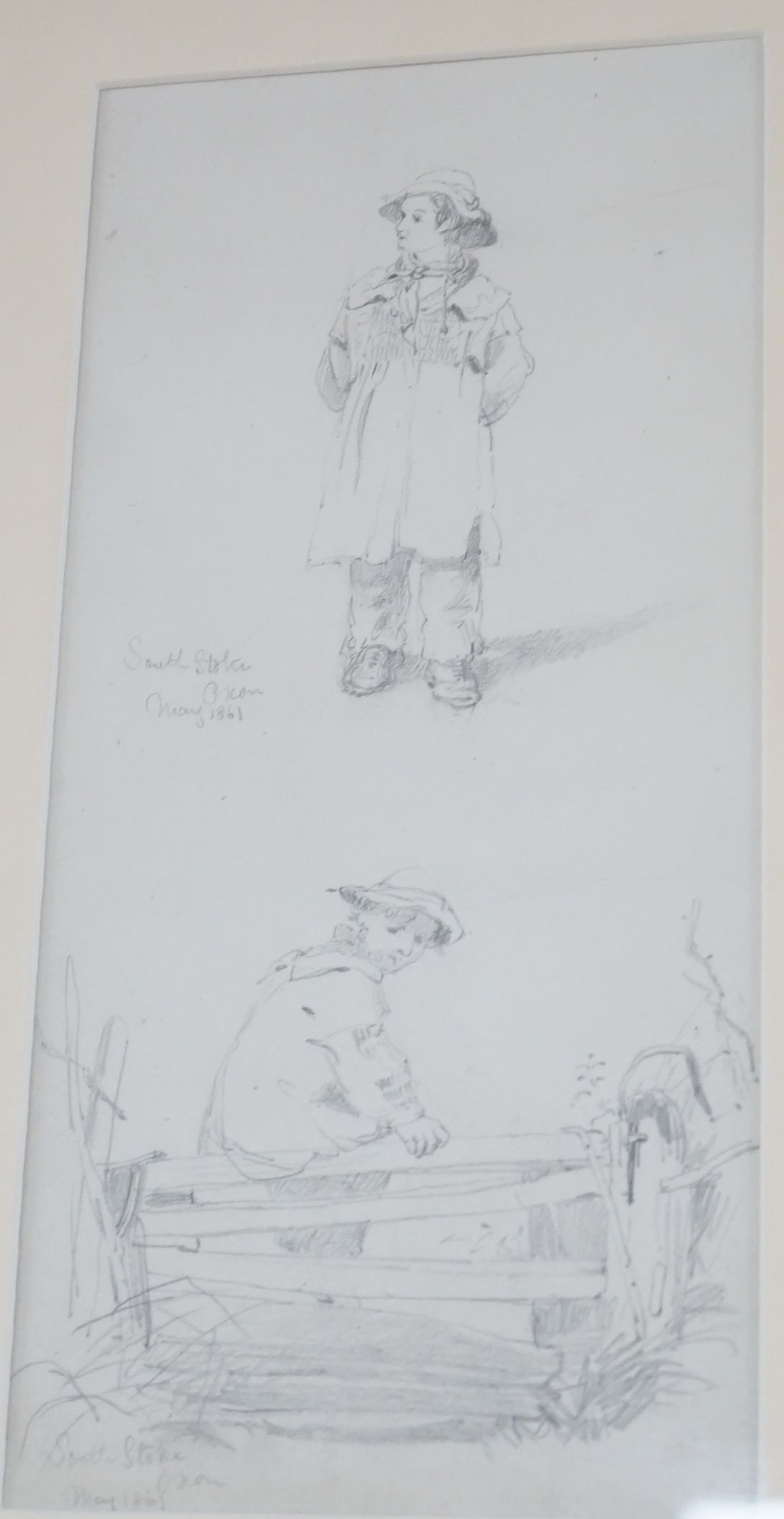 John Henry Mole (1814-1886), Child on a stile and study of another child, inscribed ‘South Stoke, Oxon 1861', 25 x 12cm